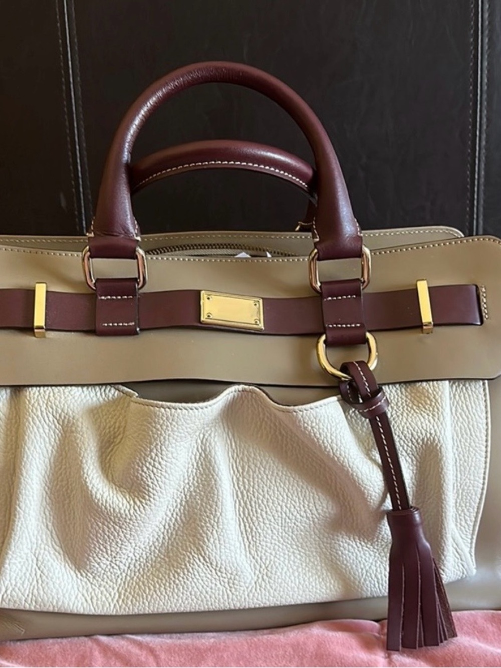 Alberta Di Canio Cream and Brown Leather Tassel Satchel with Gold Hardware